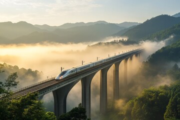 Fototapeta premium A sleek, modern train crosses a tall bridge over lush valleys and misty landscapes, creating a picturesque scene that embodies speed and innovation.