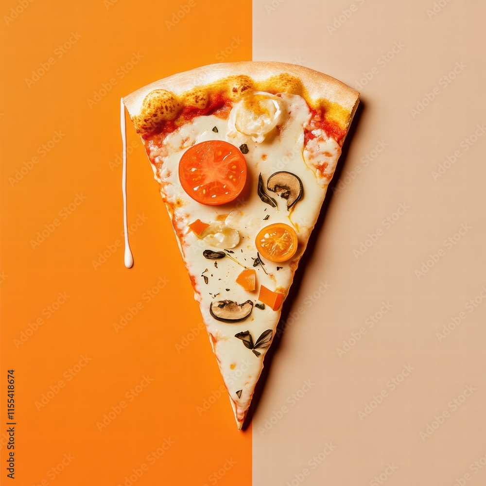 Aufkleber delicious pizza slice with colorful toppings and stylized cheese drips on contrasting background. ge