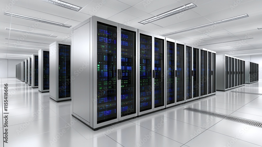 Poster modern data center with rows of servers in 3d style