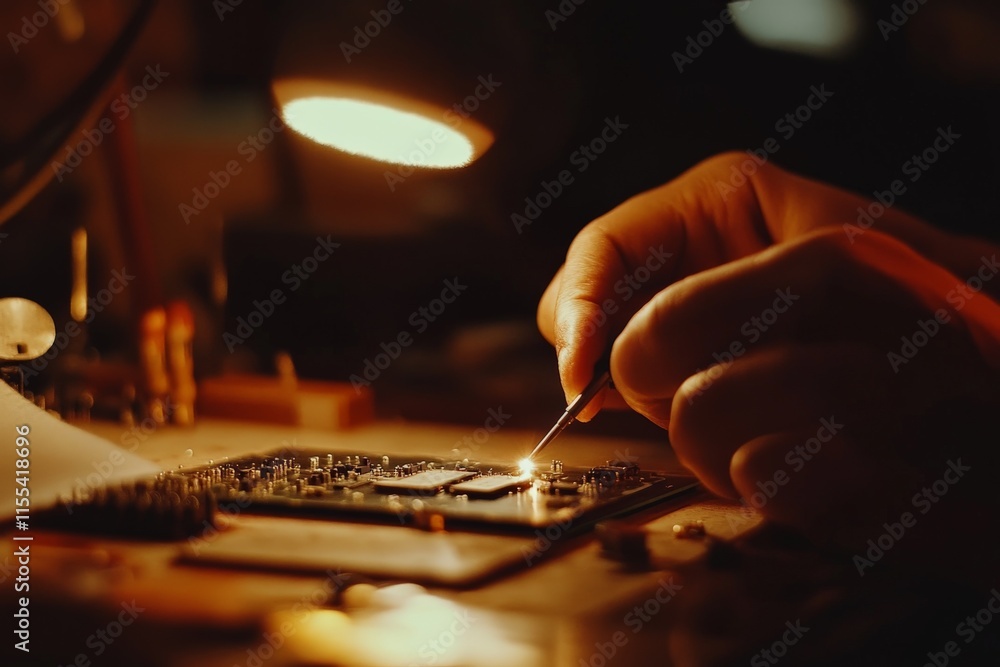 Poster In a dimly lit workspace, a technician works intently on an electronic circuit board, exemplifying the detailed and patient essence of technical repair and creation.