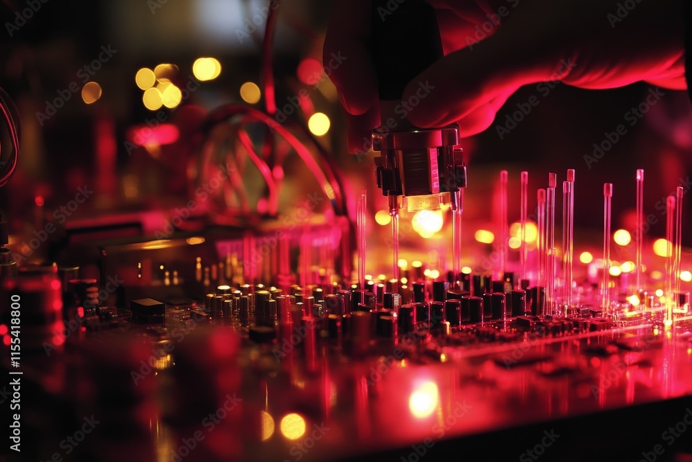Leinwandbilder A detailed view of a circuit board glowing with vibrant red lights, showcasing intricate components and connections in a high-tech, futuristic environment.