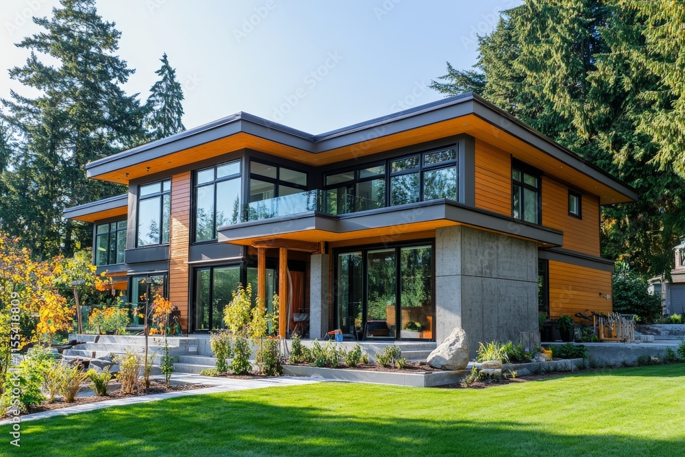 Aufkleber a contemporary two-story house featuring large windows and modern architecture, set amidst lush gree