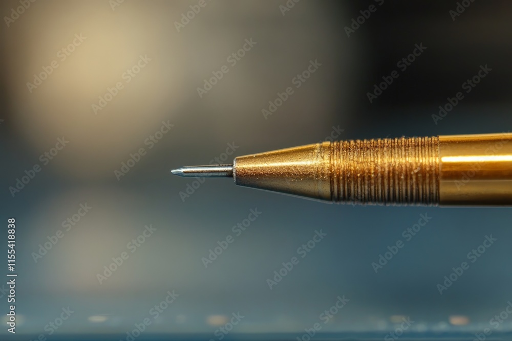 Poster an extreme close-up of a golden metallic pen tip, displaying its exquisite craftsmanship and reflect