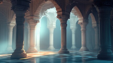 A peaceful temple interior with intricately designed columns and serene ambient light