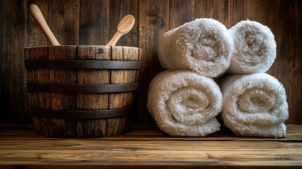 Wooden bucket and towels on a rustic wooden shelf.