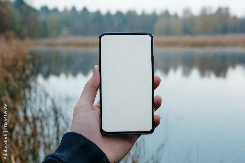 Poster the image features a smartphone against a tranquil lakeshore setting, reflecting peacefulness and th