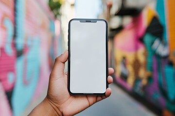 A smartphone is displayed against bright graffiti walls in an urban area, merging technology and street art. It captures the essence of modern communication tools.
