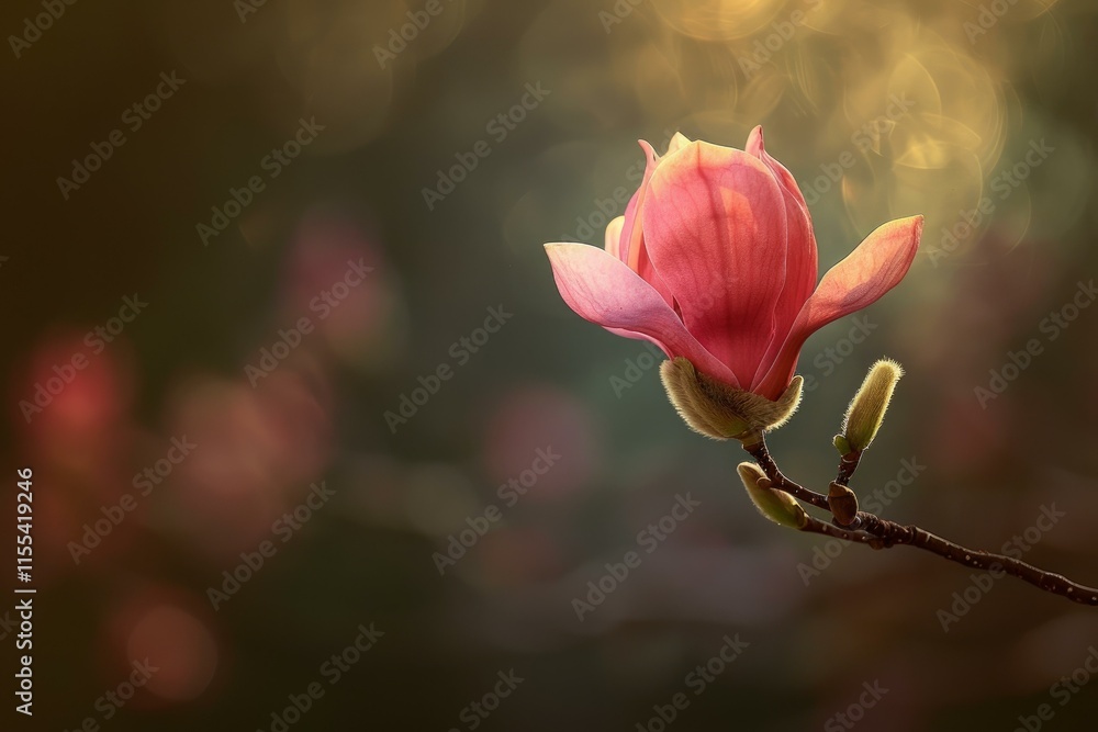 Poster pink magnolia flower blooming in spring sunlight, creating a beautiful bokeh effect with soft focus 