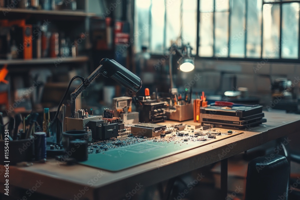 Aufkleber A well-organized electronic workspace lit by streaming sunlight showcases an array of tools and components, signifying ingenuity, craftsmanship and focused dedication.