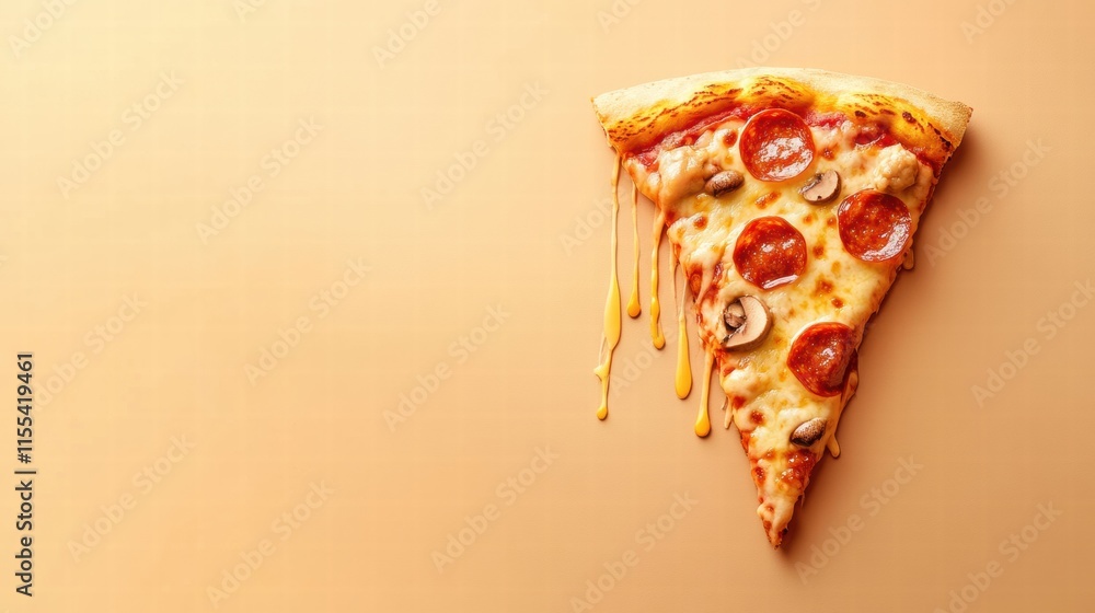 Aufkleber stylized pizza slice with drippy cheese and vibrant toppings on minimalist background showcasing cre
