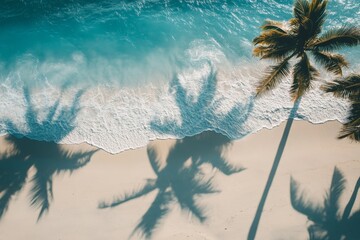 Aerial view capturing the dramatic shadows of palm trees cast on the golden sands of a pristine beach, with clear blue waves gently lapping the shore.