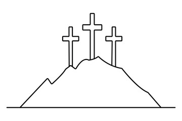 Christian three cross icon continuous one line art drawing of white background 