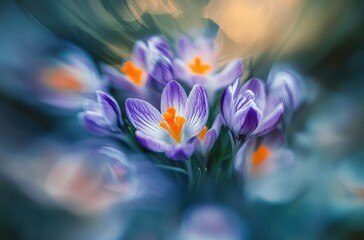 Delicate Purple Crocuses Blooming in a Soft Focus, Showcasing Vivid Orange Stamens Against a Dreamy Background of Blurred Green and Blue Tones