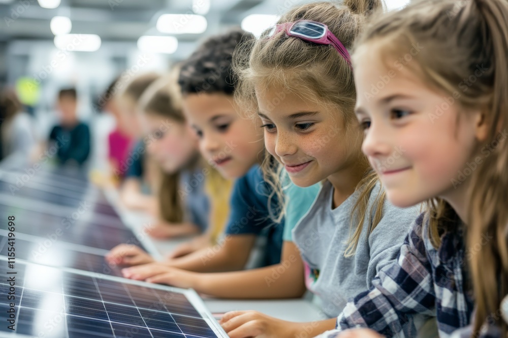 Poster a group of kids engaging in a hands-on learning activity with solar panels, emphasizing the importan