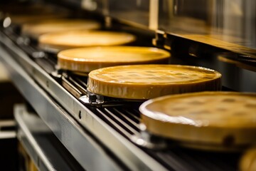 Obraz premium Glistening pies sit in neat rows on a conveyor belt in a bustling factory environment, highlighting efficiency, mass production, and delicious culinary creations.