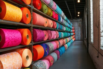 A vivid display of fabric rolls in diverse colors neatly arranged on industrial shelves, embodying diversity, creative potential, and industrial-scale textile production.