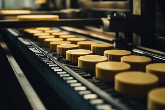 Uniform cheese rounds move along a high-speed conveyor in a large-scale food processing plant, reflecting systematic culinary production and efficient operations.