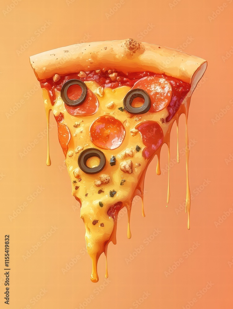 Aufkleber Delicious slice of pizza with cheese drips and stylized toppings in minimalistic design and vibrant color scheme. Generative AI