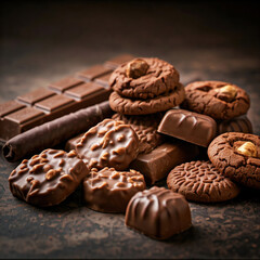 Assorted chocolate treats with cookies and bars on rustic background