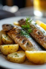 Deliciously Prepared Baltic Herring Served with Golden Potatoes and Fresh Herbs in a Cozy Dining Setting, Perfect for Seafood Lovers Seeking Traditional Cuisine