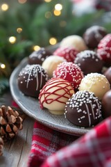 Obraz premium Delightful Assortment of Gourmet Sugar and Chocolate Truffles Presented on a Decorative Plate Surrounded by Festive Holiday Decor