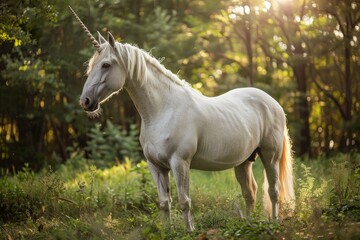 Beautiful white unicorn stands majestically in a sun drenched forest clearing, its horn gleaming in the golden light