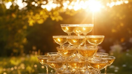 A pyramid of champagne glasses glistening in golden sunset light at an outdoor party venue