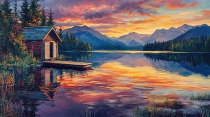 Fototapeta premium A quaint boathouse on a tranquil lake at sunrise, with vibrant colors and mountains reflected in the still waters