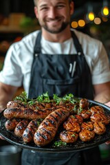 Naklejka premium Deliciously Grilled Spiced Sausages on a Platter Held by a Smiling Chef in a Rustic Kitchen Setting with Herb Garnishes