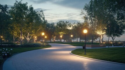 A quiet park at dusk, with modern LED streetlights casting a warm glow on a winding paved walkway lined with trees