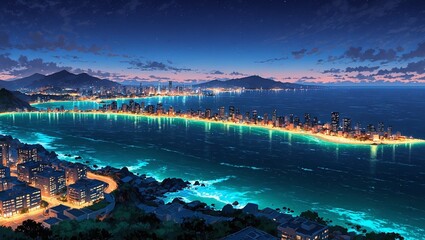 Beautiful Coastal Cityscape Illuminated at Night with Vibrant Ocean Glow