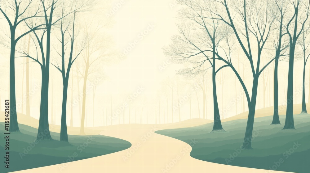 Fototapete winding forest path disappearing into a serene landscape for minimalist design projects. generative 