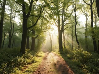 Fototapeta premium Sunlit forest path, dew-kissed leaves, gentle mist, lush, tranquil,forest