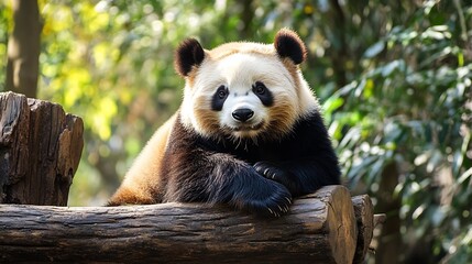 Fototapeta premium Adorable Giant Panda Resting on Wooden Log in Lush Bamboo Forest Habitat : Generative AI