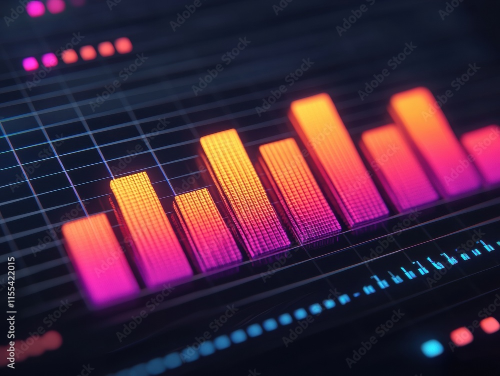 Poster glowing holographic bar chart is increasing, showing positive growth and innovation in performance m