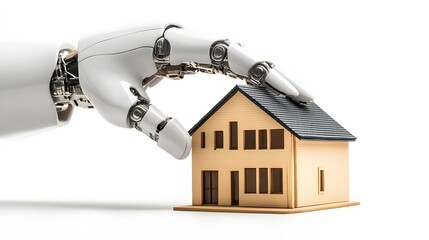 Futuristic Robot Hand Reaching for a Small Wooden House Symbolizing Artificial Intelligence and Technology's Influence on Real Estate and Home Ownership
