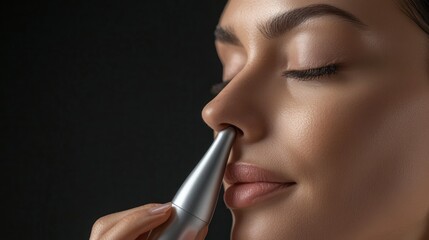 Fototapeta premium Close-up of a woman with a nose hair removal device.