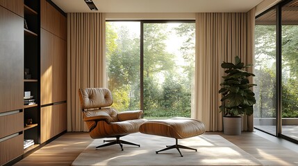 Modern minimalist living room, floor-to-ceiling windows, sunlight, luxury leather chair, built-in wooden wardrobes, warm wood tones, beige curtains, hardwood flooring, Scandinavian aesthetic.