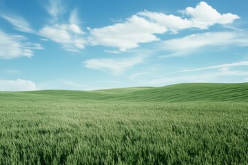 Obraz premium A wide, lush green field stretches under a vast clear blue sky, offering a sense of open space, peace, and connection to nature in a simple landscape.
