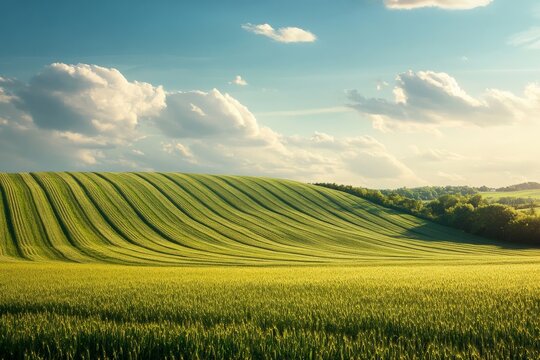 The rolling green fields extend under a partly cloudy sky, capturing a picturesque and peaceful rural scene that celebrates nature's simple yet profound beauty. - Powered by Adobe