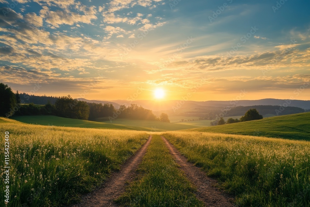 Aufkleber a serene countryside landscape with a dirt path leading into the horizon, surrounded by lush green f