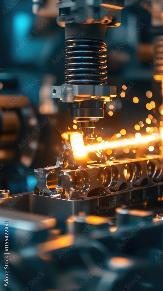 Aufkleber a close-up of a precision machining process with sparks flying from a metal component.