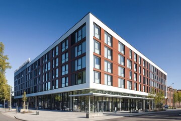 Obraz premium A modern urban building with a sleek design featuring large glass windows and a brick facade. The structure sits prominently on a city corner under a clear blue sky.