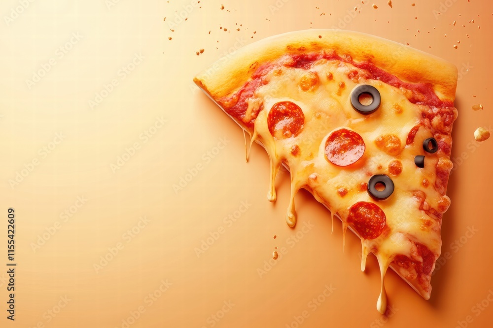 Aufkleber delicious pizza slice with stylized toppings and cheese drips on minimalist warm background. generat