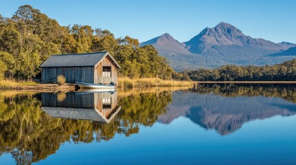 Fototapeta premium A rustic wooden boathouse on a still lake, reflecting mountains and trees under a clear blue sky, with a small boat moored nearby