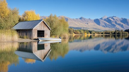 Obraz premium A rustic wooden boathouse on a still lake, reflecting mountains and trees under a clear blue sky, with a small boat moored nearby