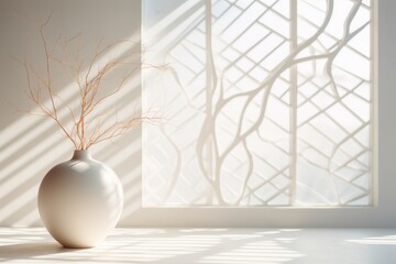 Minimalist Interior, White Vase, Dry Branches, Sunlight Shadow from Window, Modern Home Decor