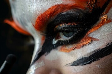 Close up of a makeup artist applying fantasy makeup with orange and black tones around the eye, creating a dramatic and artistic look