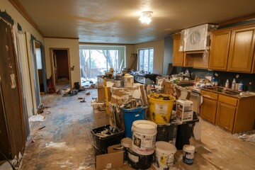 A kitchen under renovation, cluttered with paint supplies, buckets, and scattered items, showcases the mess and chaos typical in home improvement projects.