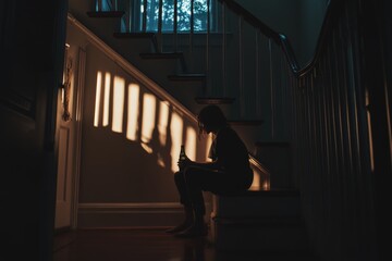 An individual sits reflectively on a staircase indoors, bathed in streaks of light, holding a bottle, symbolizing introspection and solitude in a quiet space.